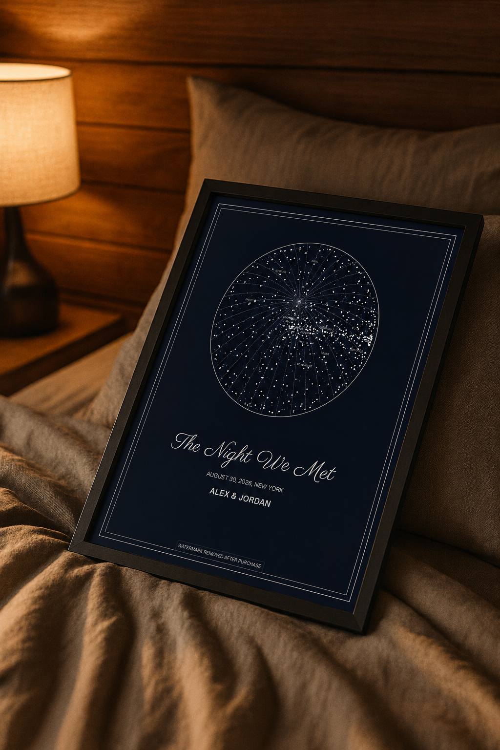 Framed custom star map poster displayed as a gift